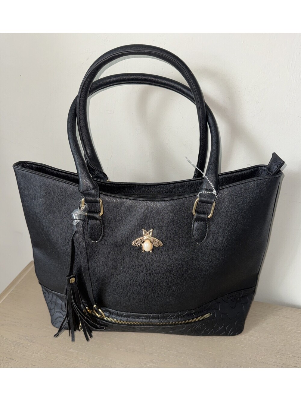American Bee Black Vegan Leather  Tote Double Handle Bag Bee Accent Gold Women’s